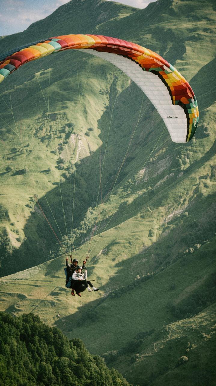 Paragliding above the Caucasus Mountains in Gudauri, Georgia