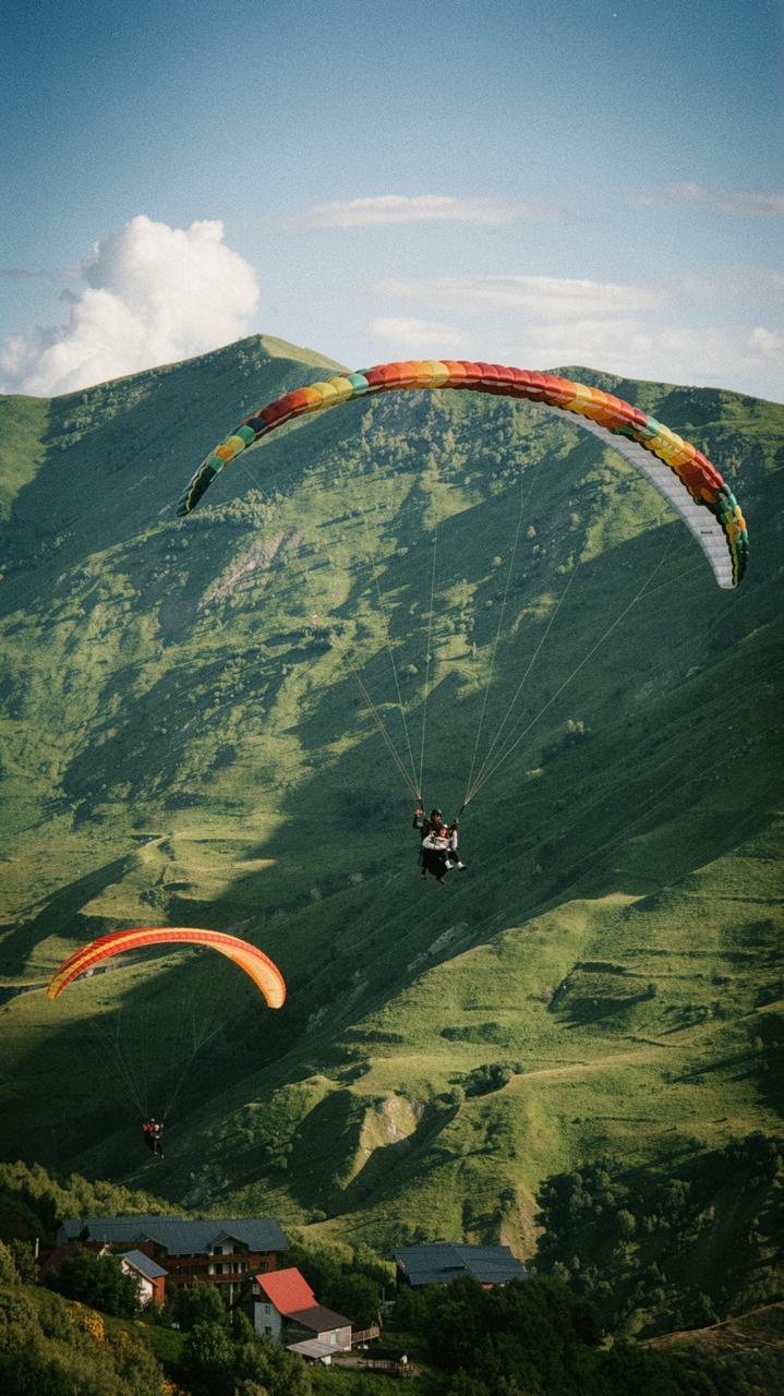 Soaring above Gudauri with breathtaking views of the Greater Caucasus mountains